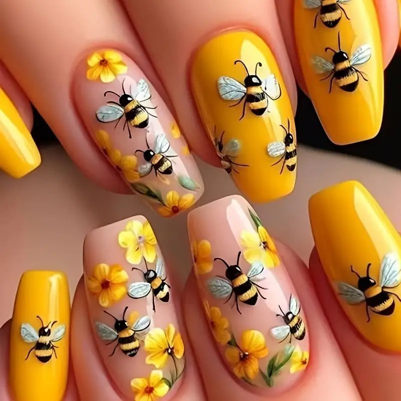 Pressed Flower Art - 24 pièces/ensemble faux ongles mi-longs pour