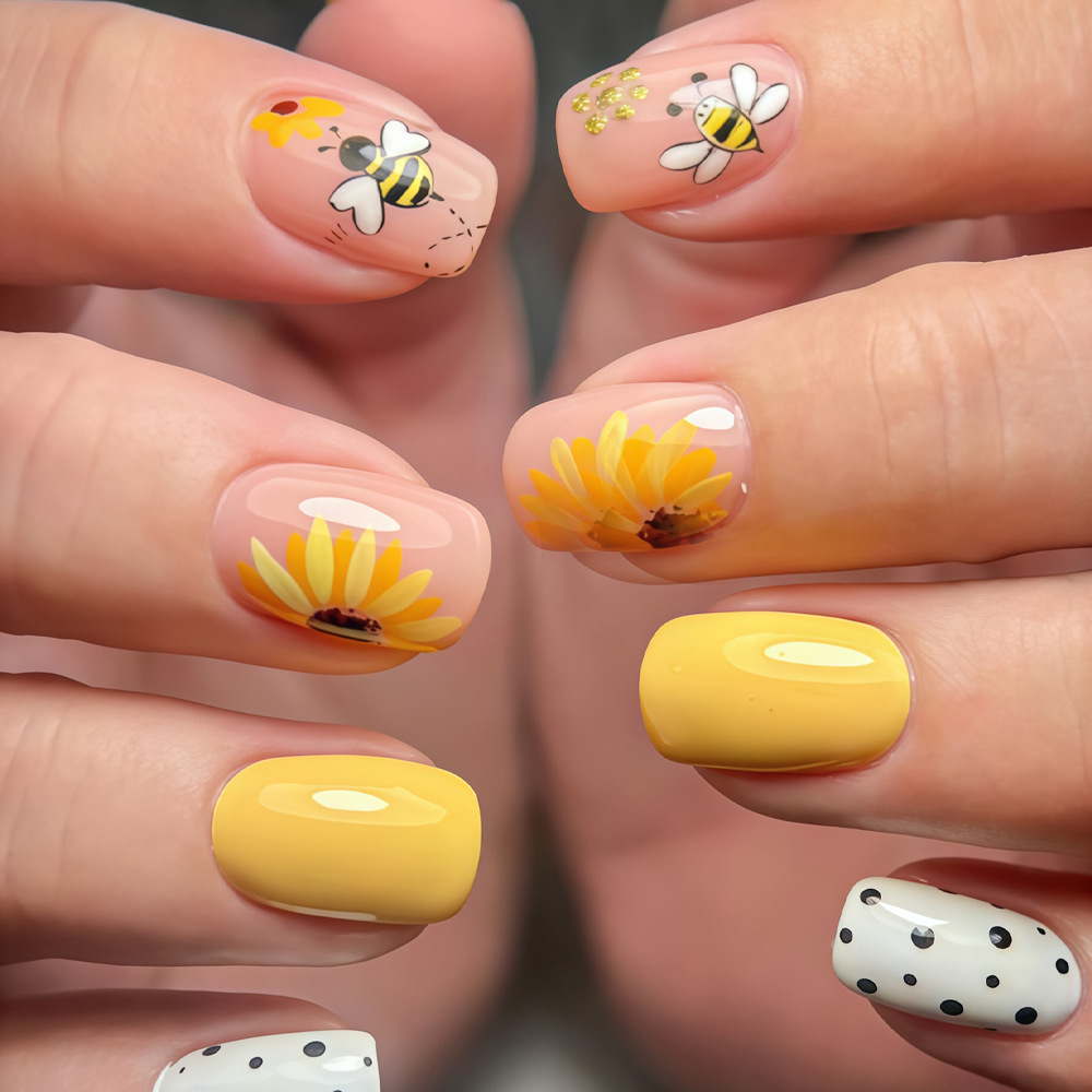 Pressed Flower Art - Faux ongles carrés courts pour femmes