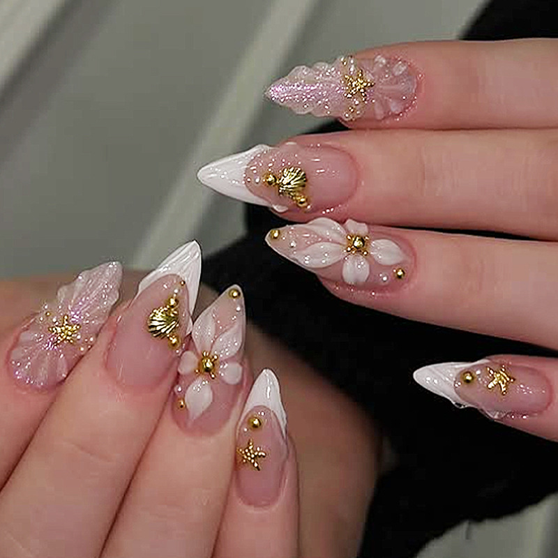 Pressed Flower Art - 24 faux ongles amande prêts à