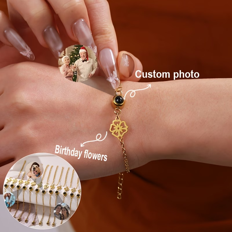 Birth Flower Necklace - Bracelet personnalisé avec photo, chaîne en
